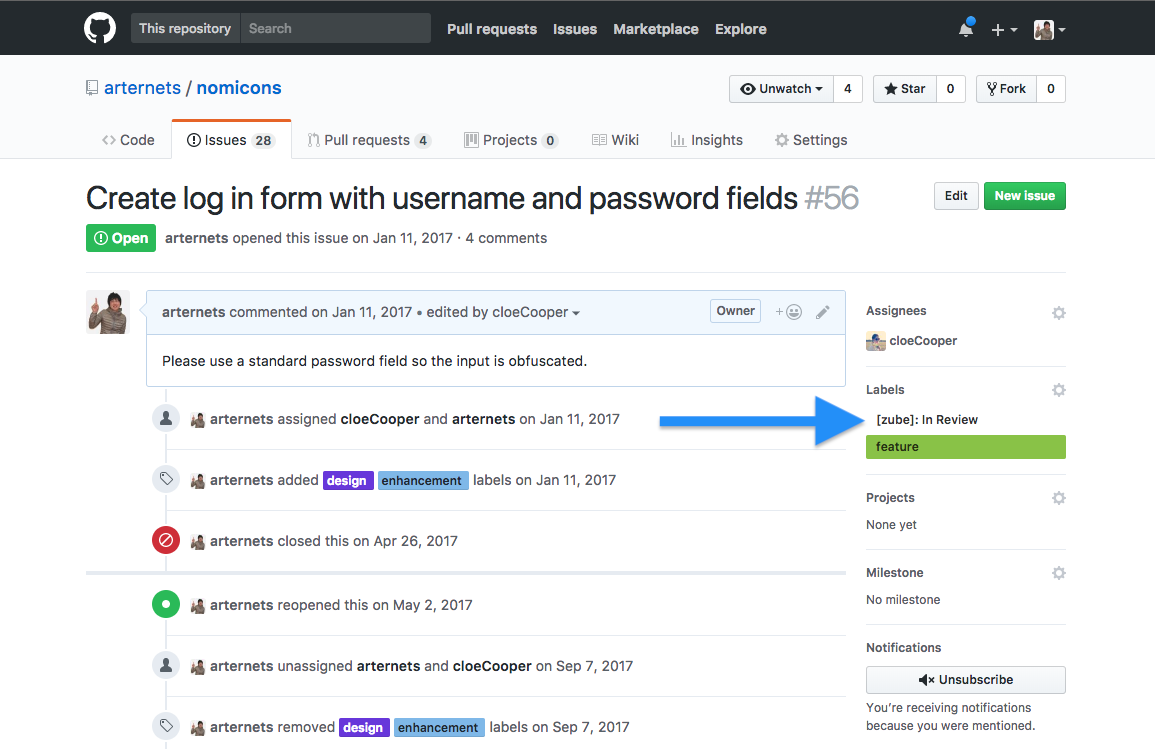 A GitHub Issue showing a Zube Column Label