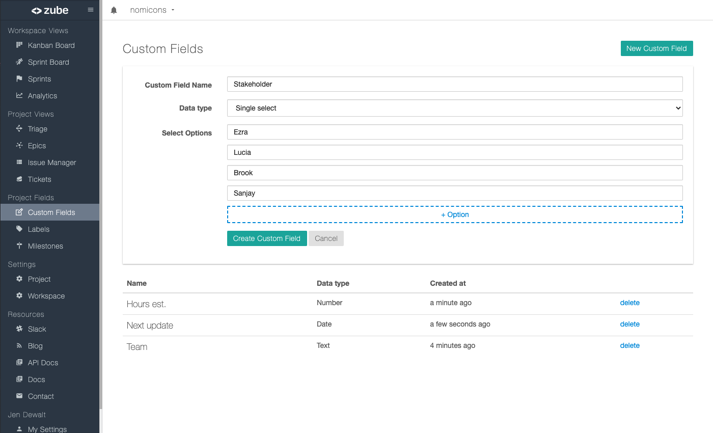 A project's custom fields with new custom field form