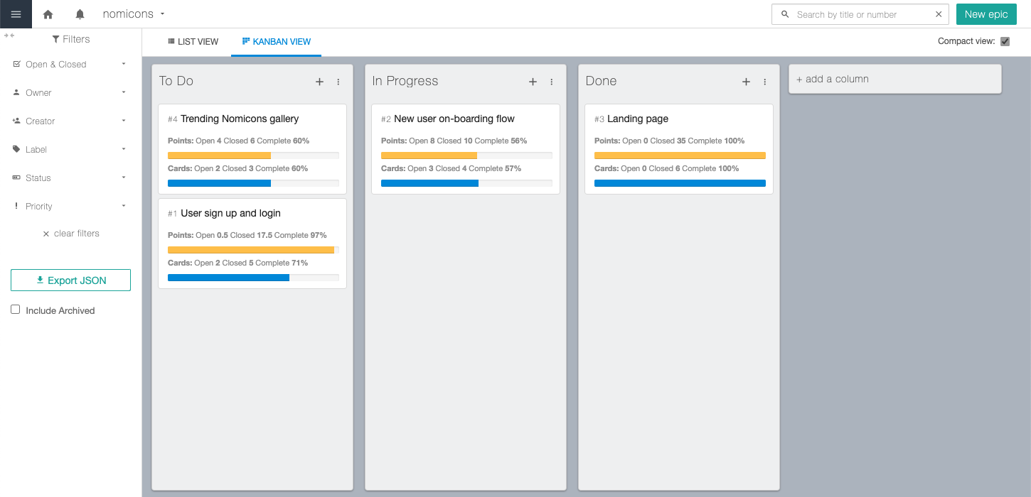 A kanban board view of epics in various stages of a simple workflow