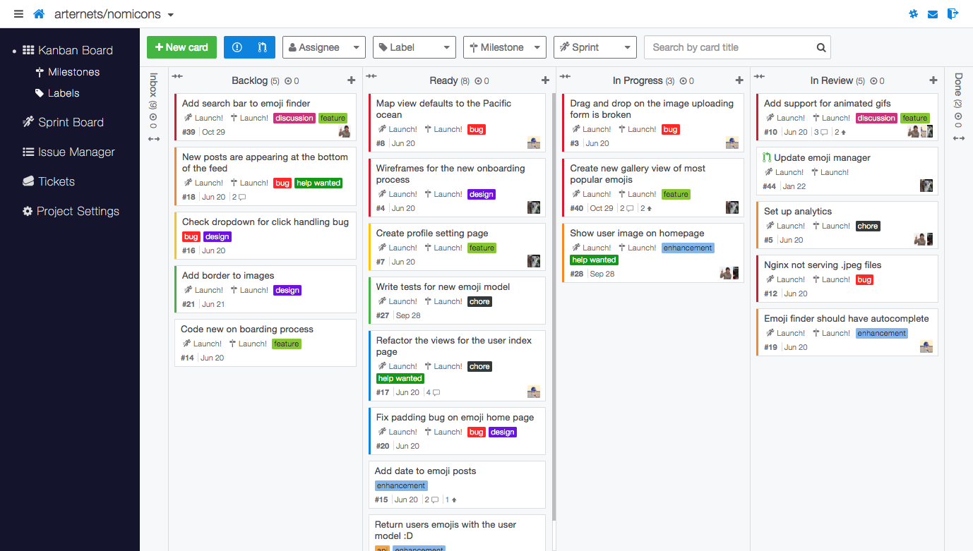 Kanban Board showing a project overview