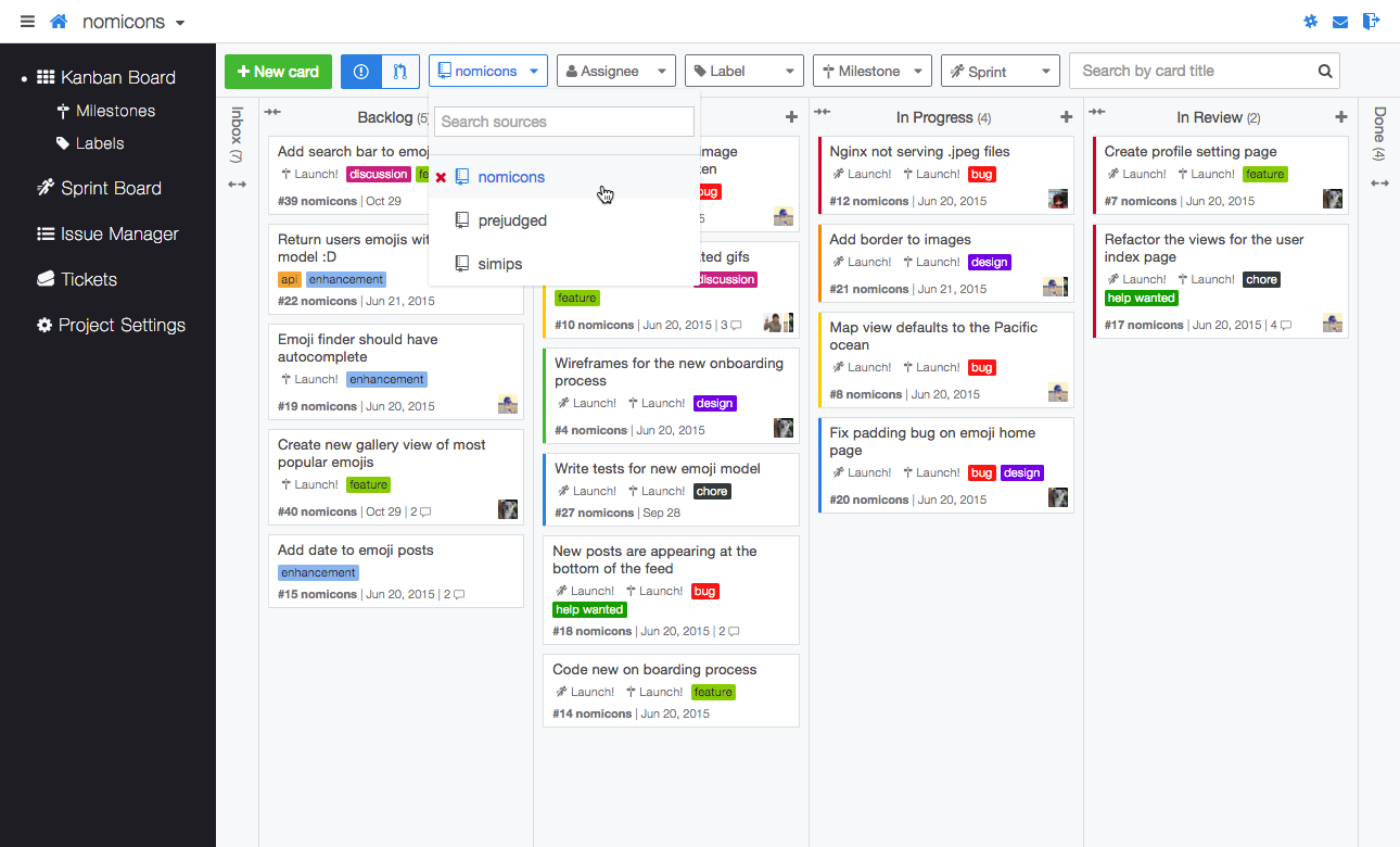 Kanban Board highlighting repository source selector