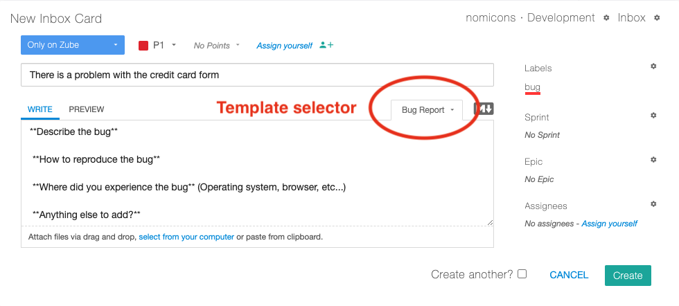 A new card highlighting the template selector