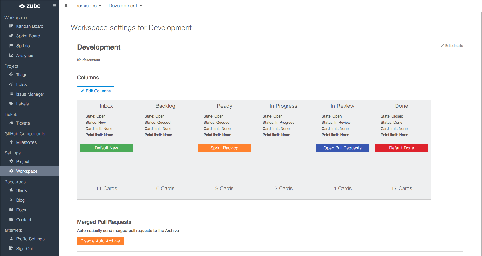 Workspace settings showing Open Pull Request default column