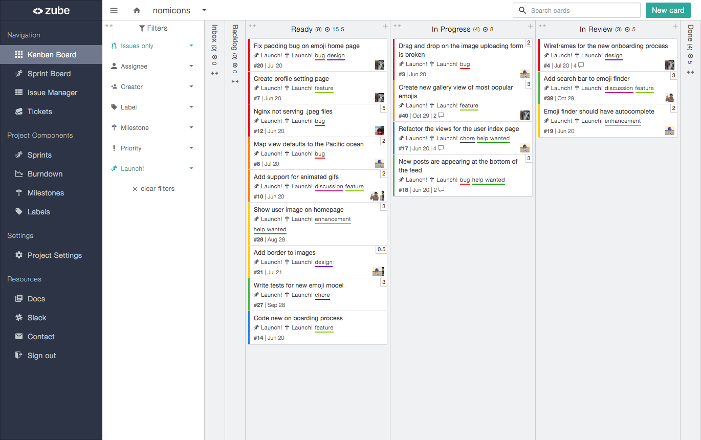 Redesigned kanban board showing filter sidebar