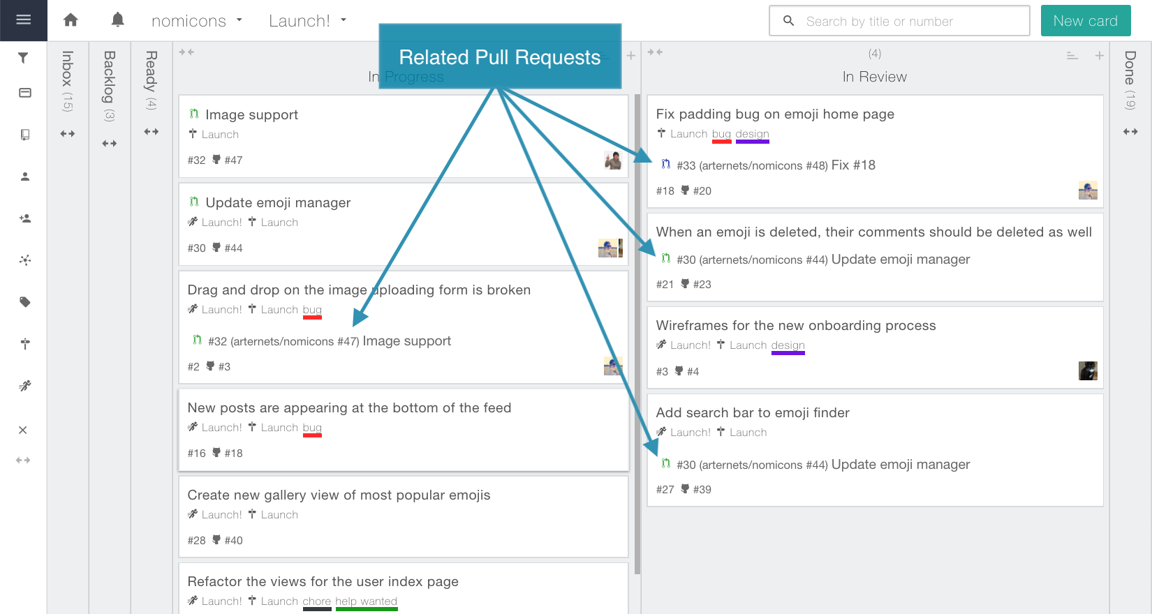 Kanban Board showing Cards with Related Pull Requests