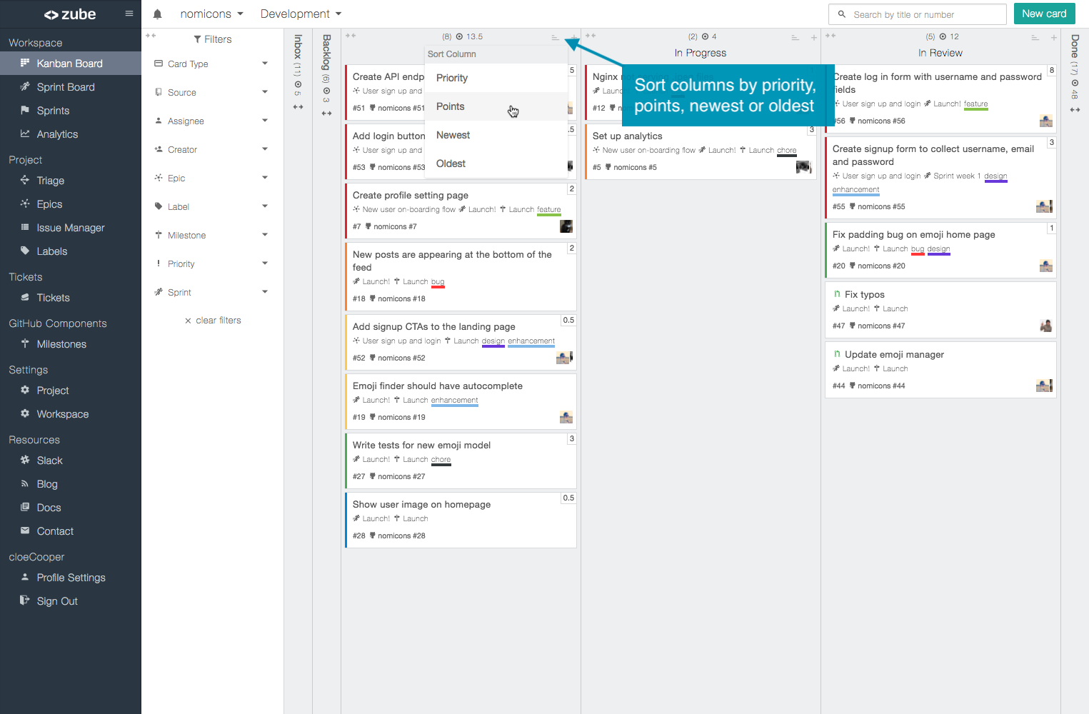 The ordering function of a kanban column