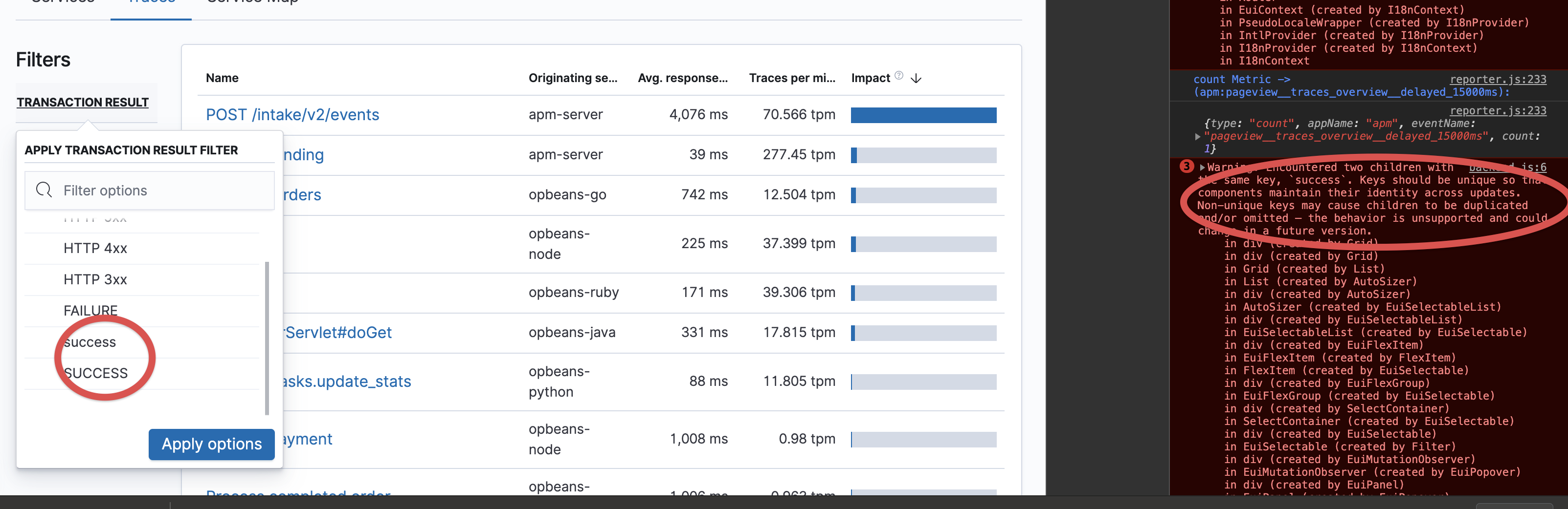 [APM] Trace overview Duplicate react keys in Transactions Results